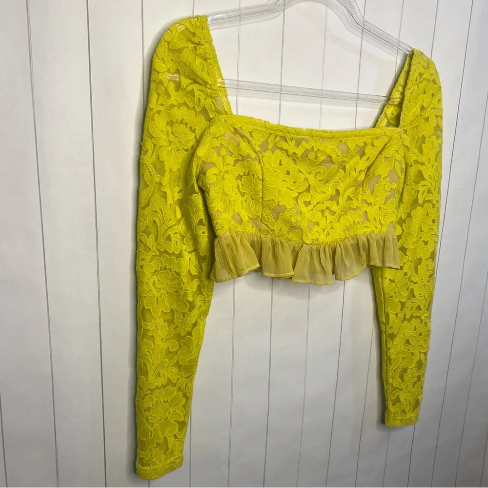 Anthropologie Endless Rose Yellow Citron Lace Crop Chiffon Ruffle Top Fem Chic S - Picture 1 of 5